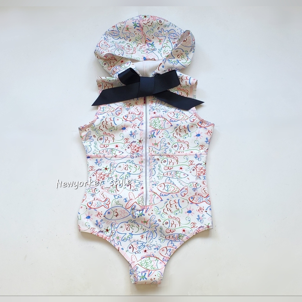 (Sale)Chanel 25 Cruise Collection Multi Color Fish And CC Logo Print Swimsuit